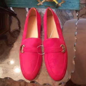 Womens Red Faux Suede Slip On Loafers With Gold Faux Buckle NWOT Sz. 11M